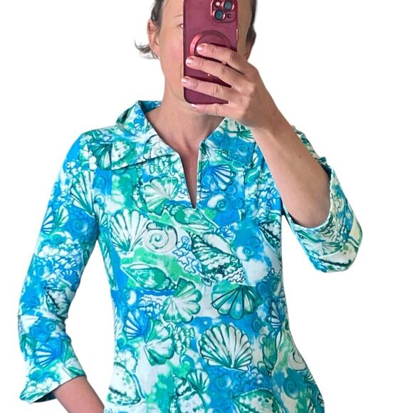 Banana Boat UPF 50+ polo dress 3/4 sleeves blue aqua color seashells size Small - Picture 9 of 10